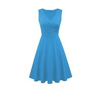 Damen Sommerkleid Elegant T Shirt Kleid Ärmellos Cocktailkleid Midi V-Ausschnitt Plissiert Slim Fit Einfarbig Swing Locker Tank Shirtkleid Festliche Kleider Partykleid Abendkleid