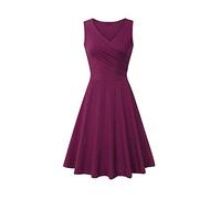 Damen Sommerkleid Elegant T Shirt Kleid Ärmellos Cocktailkleid Midi V-Ausschnitt Plissiert Slim Fit Einfarbig Swing Locker Tank Shirtkleid Festliche Kleider Partykleid Abendkleid