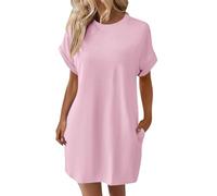 Damen Sommerkleid hochzeitskleid Kleid mit Hose drunter Sommerkleider Knielang Elegant Einfarbig Rundhals Kurz Ärmel Shirt große größen Abendkleider（Rosa, L