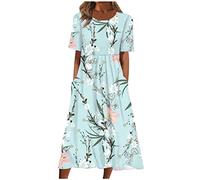 Damen Sommerkleid Hoher Taille Kurzarm Blumenkleid Taschen LäSsiges Rundhalsausschnitt Casual Holiday Florals Bedrucktes Strandkleid Maxikleid Lockeres Wadenlanges Freizeitkleid Frauen MäDchen