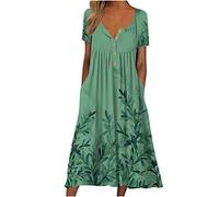 Damen Sommerkleid Hoher Taille Kurzarm Blumenkleid Taschen LäSsiges Rundhalsausschnitt Casual Holiday Florals Bedrucktes Strandkleid Maxikleid Lockeres Wadenlanges Freizeitkleid Frauen MäDchen