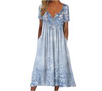 Damen Sommerkleid Hoher Taille Kurzarm Blumenkleid Taschen LäSsiges Rundhalsausschnitt Casual Holiday Florals Bedrucktes Strandkleid Maxikleid Lockeres Wadenlanges Freizeitkleid Frauen MäDchen