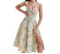 Damen Sommerkleid Im Boho-Stil Mit Blumenmuster, Quadratischem Ausschnitt, Breiten Trägern Und Schlitzen Vorne