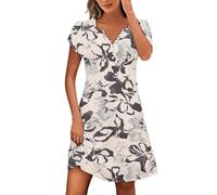 Damen Sommerkleid Knielang Blumen A Linie Sommerkleider Damen Leicht Und Luftig Kleider Sommer Elegant V Ausschnitt mit Knopfleiste Blumenkleid Frauen Sommer Kurzarm Strandkleid Luftig Floral