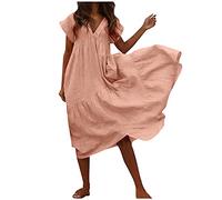 Damen Sommerkleid Knielang Chiffon Kleid Kurzarm Strandkleid V-Ausschnitt Einfarbig Lässig Locker Vintage Midikleid Blusenkleid Bequeme Sommerkleider Freizeitkleid