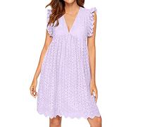 Damen Sommerkleid Knielang Sexy Kleid V-Ausschnitt Strandkleid Sommer Minikleid Rüschen Ärmellos Spitzen Jacquard Cutout mit Liner Shorts Tasche Lässig Locker Kleider Große Größen