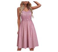 Damen Sommerkleid Knielang Spaghetti Träger Kleid Rückenfrei Strandkleid Elegant V-Ausschnitt Plissierte Swing Einfarbig Festliche Kleider Trägerkleid MidiKleid Freizeitkleid Partykleid