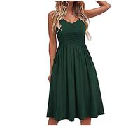Damen Sommerkleid Knielang Spaghetti Träger Kleid Rückenfrei Strandkleid Elegant V-Ausschnitt Plissierte Swing Einfarbig Festliche Kleider Trägerkleid MidiKleid Freizeitkleid Partykleid