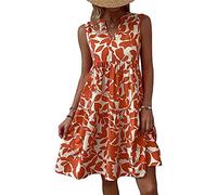 Damen Sommerkleid Knielang Strandkleid Ärmellos Swing Tunika Lässiges Kleider Sommer lockeres Kleid Blumendruck V-Ausschnitt Strandkleid Minikleid Sexy Elegant Boho Frauen Blusenkleid (Orange,S)