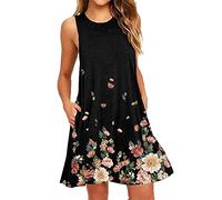 Damen Sommerkleid Knielang Strandkleid Kurz Tank Kleid Sommer mit Tasche Blumendruck Minikleid Rundhals Lässig Locker Boho Kleider Tunika Blusenkleid Sommerkleider Teenager Mädchen