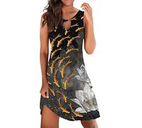 Damen Sommerkleid Knielang Strandkleid Sommer Boho Kleid Ärmelloses Minikleid mit Blumen Aufdruck Sexy Kleider Festlich Elegant A Linie Blusenkleid Sommerkleider Teenager Mädchen