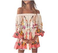 Damen Sommerkleid Kurz A Linie Boho Kleid Frauen Schulterfrei Rüschen Mit Ärmeln Sommerkleider Leicht Und Luftig Strandkleid Elegant Italienische Kleider Blumen Off Shoulder Damenkleider Mini