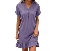 Damen Sommerkleid Kurz mit Ärmel Musselin Kleid Sommer Kurzarm Blusenkleid V Ausschnitt A Linie Kleider Elegant Rüschen Schicke Sommerkleider Leicht Luftig Strand Frauen Rüschenkleid mit Knöpfe
