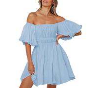 Damen Sommerkleid Kurz Schulterfreies Kleid Sexy Minikleid Off Shoulder Sehr Süßes Rüschen A Linien Kleider Puffärmel Flowy Swing Strandkleid Schöne Tunika Blusenkleid Piratenkleid