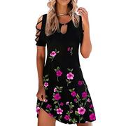 Damen Sommerkleid KurzäRmeliges Hohles Strandkleid Rundhalsausschnitt Bedrucktes Kleid Schlankes Knielanges Midikleid Casual Kurzarm Kalte Schulter Freizeitkleid Frauen MäDchen Umstandskleider