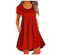 Damen Sommerkleid Kurzarm Kleid Rundhals Kleider mit Tasche Mode Lässige Hohe Taille Strandkleid Midikleid Dünn Bequem Und Atmungsaktiv Sommerkleider Mit Rüschen A-Linien Freizeitkleid