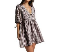 Damen-Sommerkleid, lässig, 3/4-Ärmel, Blumendruck, locker, fließendes Hemdkleid, tiefer V-Ausschnitt, kariert, Babydoll-Kleid, coffee, L