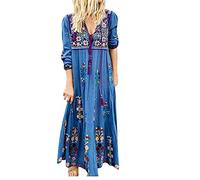 Damen Sommerkleid Lang Boho Kleid Langarm Maxikleid Sommer V-Ausschnitt Blumen Drucken Strandkleid Maxi Langes Kleider Elegant Festlich Ethno Blumenkleid Locker Freizeitkleid