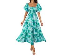 Damen Sommerkleid Lang Elegant A Linie Blumen Gesmoktes Kleid Italienische Maxikleid Damen Sommer Rüschen Sommerkleider Frauen Leicht Luftig Skaterkleid Plissee Puffärmel Kleider Rückenfrei