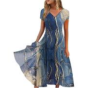 Damen Sommerkleid Lang Marmoriertes Chiffonkleid S-5XL Holiday Casual Kurzarm V-Ausschnitt Slim Fit Strandkleid UnregelmäßIger Saum Elegantes Wadenlanges Maxikleid Frauen MäDchen Umstandskleider
