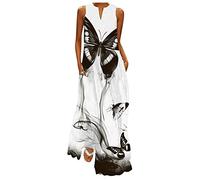Damen Sommerkleid Lang Maxikleid V-Ausschnitt Langes Kleid Große größen Ärmellos Strandkleid Blusenkleid mit Schöne Drucken Sommer Locker Kaftan Boho Kleider Festlich Elegant Partykleid