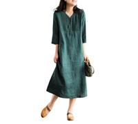 Damen Sommerkleid Locker Geschnitten Maxi Einfarbig 3/4 Ärmel V Ausschnitt Falten Vorne Langes Tunikakleid Aus Baumwoll Leinen Mischgewebe Lässiges Boho Sommerkleid für Jeden Tag Dunkelgrün Grö