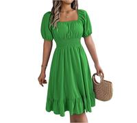 Damen Sommerkleid mit Elastischer Taille Einfarbig Halbarm Freizeitkleid mit Taschen Quadratischer Ausschnitt Bequemes Midikleid für Strand Green M