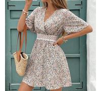 Damen Sommerkleid mit Spitze an der Taille, Kurzen Ärmeln und Kleinen Blumen im Muster