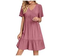 Damen Sommerkleid Sale Angebote Lässig Sommer Boho Kleid Elegant Einfarbig Minikleid Kurzarm A-Linie Strandkleid Festliche Kleider V-Ausschnitt Beach Tunika Sommerkleider Damen Leicht und Luftig