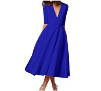 Damen Sommerkleid Sexy Abendkleid Maxikleid S-3XL Halbe äRmel Tief Ausgeschnittener V-Ausschnitt Breiter Saum A-Linien Kleid Solide Skinny Taille Wadenlanges Partykleid Ballkleid Frauen MäDchen