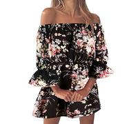 Damen Sommerkleid Sexy Schulterfreies Kleid Sommer Blumen Minikleid Off Shoulder Elegant Vintage Kleider Kurz Boho Blumenkleid Festlich Partykleid Strandkleid Sommerkleider