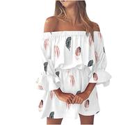 Damen Sommerkleid Sexy Schulterfreies Kleid Sommer Blumen Minikleid Off Shoulder Glocke Ärmel Elegant Vintage Kleider Kurz Boho Blumenkleid Festlich Partykleid Strandkleid Sommerkleider