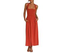 Damen-Sommerkleid, tropisches Blumenmuster, offener Rücken, ärmellos, Minikleid für Junioren, Orange, S
