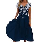 Damen Sommerkleid V-Ausschnitt Abendkleid Lang Kleid Elegant Chiffon Swing Cocktailkleid Kurzarm Lässig Festliche Kleider für Hochzeitsgast Abendkleider Brautjungfernkleider Partykleid