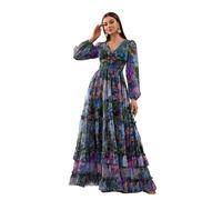 Damen-Sommerkleider, Blumenmuster, Vintage, elegant, Cocktailkleid, langärmelig, Boho, lässig, Maxi, Hochzeitsgästekleider für Damen, Blau-1392, Groß