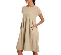 Damen Sommerkleider - Kurzarm Rundhals Midikleid Knielang Freizeitkleider Lose A-Linie Kleider mit Tasche Kleider Knielang Casual Strandkleid Kurzarm Kleid Sommer Shirtkleider