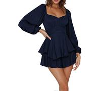 Damen Sommerkleider Langarm A-Linien-Kleid Off Shoulder Strandkleid Partykleid Elegant Minikleider Swing Kleid Cocktailkleider Jumpsuit Hosenrock Rüschenkleid(Dunkelblau,L)