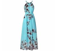 Damen-Sommerkleider mit Taschen, Boho-Druck, Chiffon-Kleid, Strandkleid, langes Kleid am Meer, blau, M
