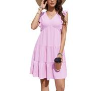 Damen Sommerkleider Rüschen Ärmel V-Ausschnitt Casual Strandkleid Swing Midi Kleid