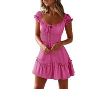 Damen SommerkleidSommerkleid Kurz Elegant Einfarbig Rüschen Layer Kurzarm Strandkleid Mit Kordelzug Hohe Taille Gesmoktes Sexy Minikleid A-Linie Lässig Tunika Freizeitkleid(Purple Pink,L)