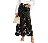 Damen-Sommermode, durchbrochener Spitzen-Patchwork, taillierter Denim-Rock: bedruckter, fließender A-Linien-Maxi-Denim-Rock im Bohemian-Stil mit hoher Taille (Schwarz,S)