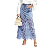 Damen-Sommermode, durchbrochener Spitzen-Patchwork, taillierter Denim-Rock: bedruckter, fließender A-Linien-Maxi-Denim-Rock im Bohemian-Stil mit hoher Taille (Blau,M)