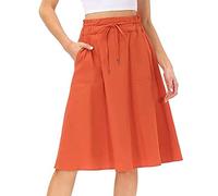 Damen Sommerrock Knielang Leinenrock Midirock Elegant A-Linie Lang Rock Stretch Taille Sommer Strandrock Basic Maxirock Hohe Taille Röcke für Frauen Casual Skirts (Orange, XXL)