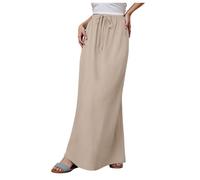 Damen Sommerrock Lang Rock Hohe Taille Leinen-Maxiröcke Boho A-Linien Einfarbig Midi Freizeitrock Strandkleid mit Kordelzug (Beige, M)