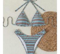 Damen Sommerurlaub Badeanzug Kollektion, blau gestreiftes Camisole Top mit Bindeband Dreieck Bikinihose 2-teiliges Set, süßer Mädchenstil Bikini Set