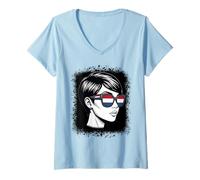 Damen Sonnenbrille mit niederländischer Flagge, Pop-Art, Grunge T-Shirt mit V-Ausschnitt