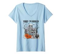 Damen Sorry I'm Booked Halloween Skelett Bookish Halloween Buch T-Shirt mit V-Ausschnitt