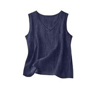 Damen Spaghetti Tops Baumwoll-Leinen Lässiges V-Ausschnitt-T-Shirt Ärmellos Sommerbluse Lockere Passform Tank Top Tanktop Women Basic Oversize Shirt Sommer Locker Für Sommertop Blaues Tshirt Marine