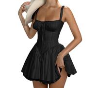 Damen Spaghettiträger, ärmellos, figurbetont, Midi-Kleid, Vintage-Stil, französischer Stil, Spitzenbesatz, kurzes Kleid für Party, Frauenkleid, Schwarz , Small
