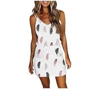 Damen Spaghettiträger Kleid Knielang Strandkleider Kurz V Ausschnitt Kleid Leicht Mit Taschen Streifen Casual Boho Sommerkleid Ärmellos Kurzarm T-Shirt Kleid